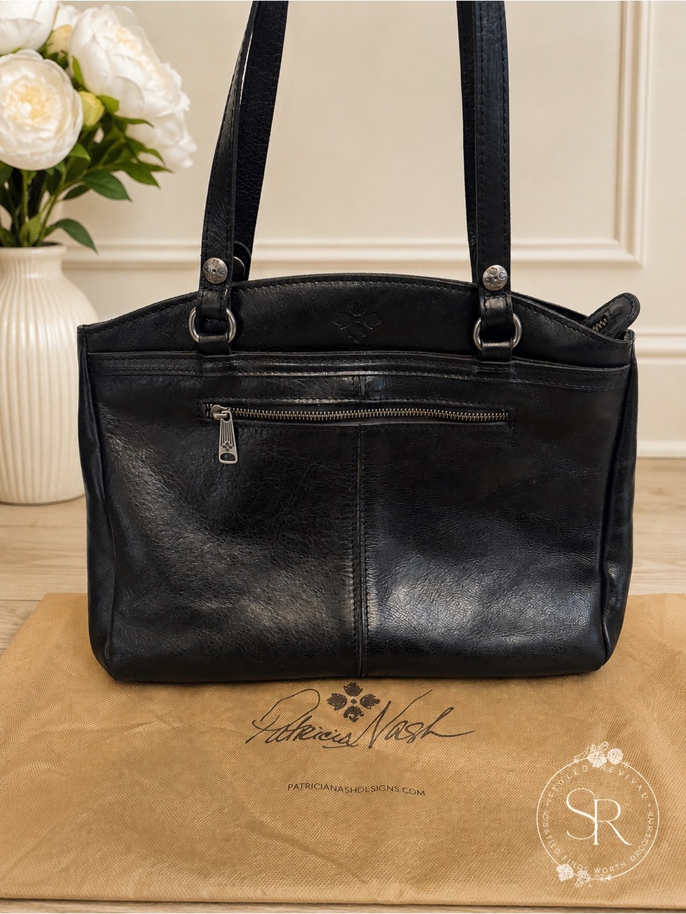 Patricia Nash Poppy Tote Black Leather Shoulder Bag Dust Bag